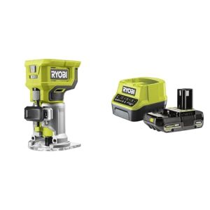 RYOBI Affleureuse à bois 18V 30 000 tr/min Livrée avec 1 pince de 6 mm, 1 mèche de coupe, clé, guide 1 batterie 2Ah, 1 chargeur rapide et 1 coffret de 5 fraises panachées (6mm) - Publicité