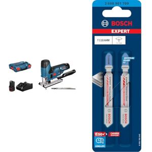 Bosch Scie Sauteuse GST 12V-70 2x3,0 Ah LB +  3x Lames de scie sauteuse Expert 'Stainless Steel' T 118 AHM (pour Tôles en acier inoxydable, Longueur 83 mm, Accessoire Scie sauteuse) - Publicité