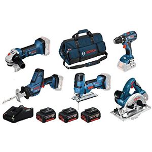 Bosch 18V System perceuse-visseuse GSR 18V-28+scie sauteuse GST 18V-LI S+meuleuse GWS 18-125V-LI+scie circulaire GKS 18V-LI+scie sabre GSA 18V-LI C (+3 batteries 4,0Ah, chargeur, sacoche) - Publicité