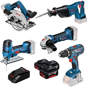 Bosch 18V System perceuse-visseuse GSR 18V-28+scie sauteuse GST 18V-LI S+meuleuse GWS 18-125V-LI+scie circulaire GKS 18 V-LI+scie sabre GSA 18V-LI (+3 batteries 4,0Ah + chargeur, sacoche) - Publicité