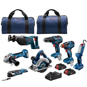 Bosch GXL18V-701B25 Kit combiné de 7 outils 18 V avec visseuse à percussion 2 en 1, perceuse/visseuse, scie à recette, scie circulaire, outil oscillant, meuleuse d'angle, lampe de travail et (2) - Publicité