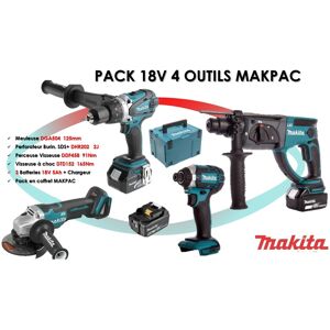 Makita Pack de 4 outils 18V (DDF458/DTD152/DHR202/DGA504) + 3 batteries 5 Ah + chargeur en coffret MAKPAC - MAKITA