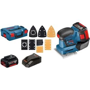 Ponceuse vibrante GSS 18V-10 - BOSCH -avec 2 batteries 18V 5.0Ah - chargeur - 3 feuilles abrasives - 3 plaques - L-Boxx - 06019D0201 - Publicité