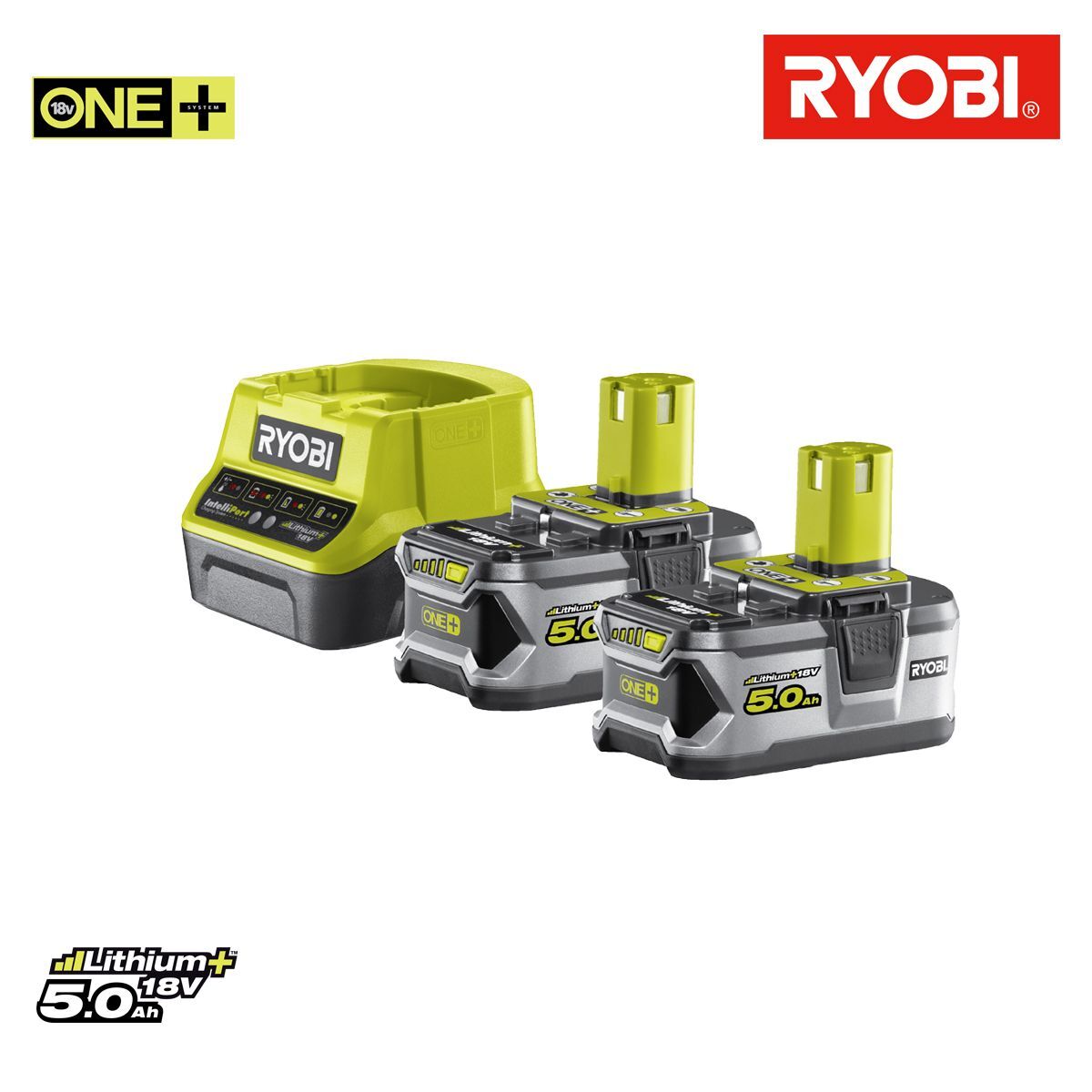 Pack 2 batteries RYOBI 18V OnePlus 5.0Ah LithiumPlus - 1 chargeur rapide 2.0Ah RC18120-250