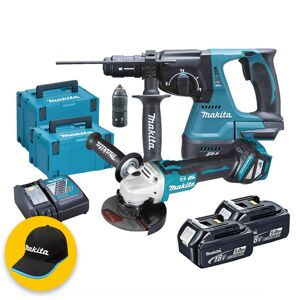 Makita DLX2256TJ2 - Kit utensili a batteria 18V, Tassellatore DHR243  + Smerigliatrice angolare DGA513, 2x5.0Ah