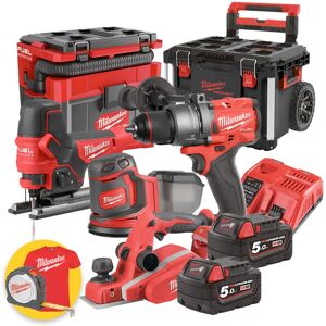 Milwaukee kit elettroutensili a batteria M18 - Seghetto FBJS - Trapano FPD3 - Pialla BP - Levigatrice BOS125 - Aspiratore e trolley Packout