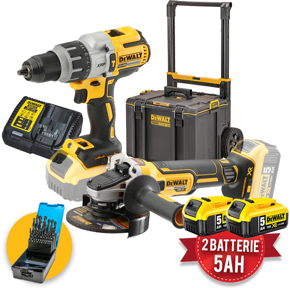 DeWalt Kit utensili a batteria 18V  DCD996 - DCG405 Trapano con percussione + Smerigliatrice - Trolley ToughSystem