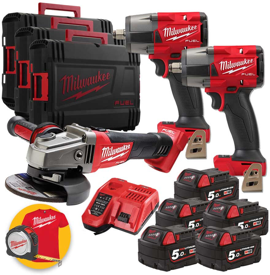 Milwaukee Kit utensili  a batteria 18V - 2 Avvitatori ad impulsi, Smerigliatrice, 5 batterie 5Ah, 3 Valigette