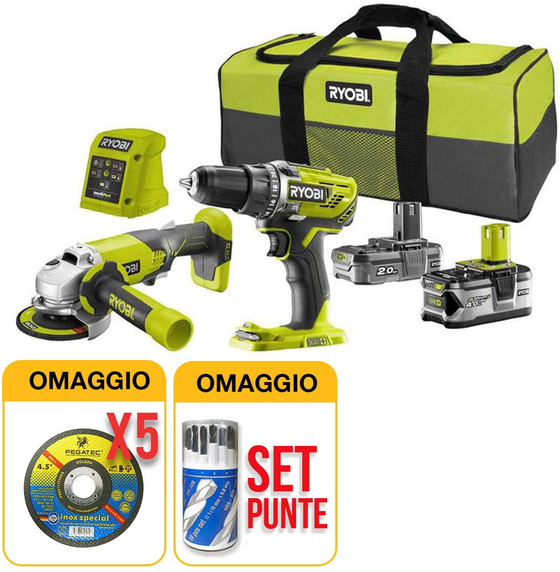 Milwaukee Kit Ryobi R18PDAG-242S - Trapano avvitatore a percussione R18PD3 + Smerigliatrice angolare R18AG ONE+