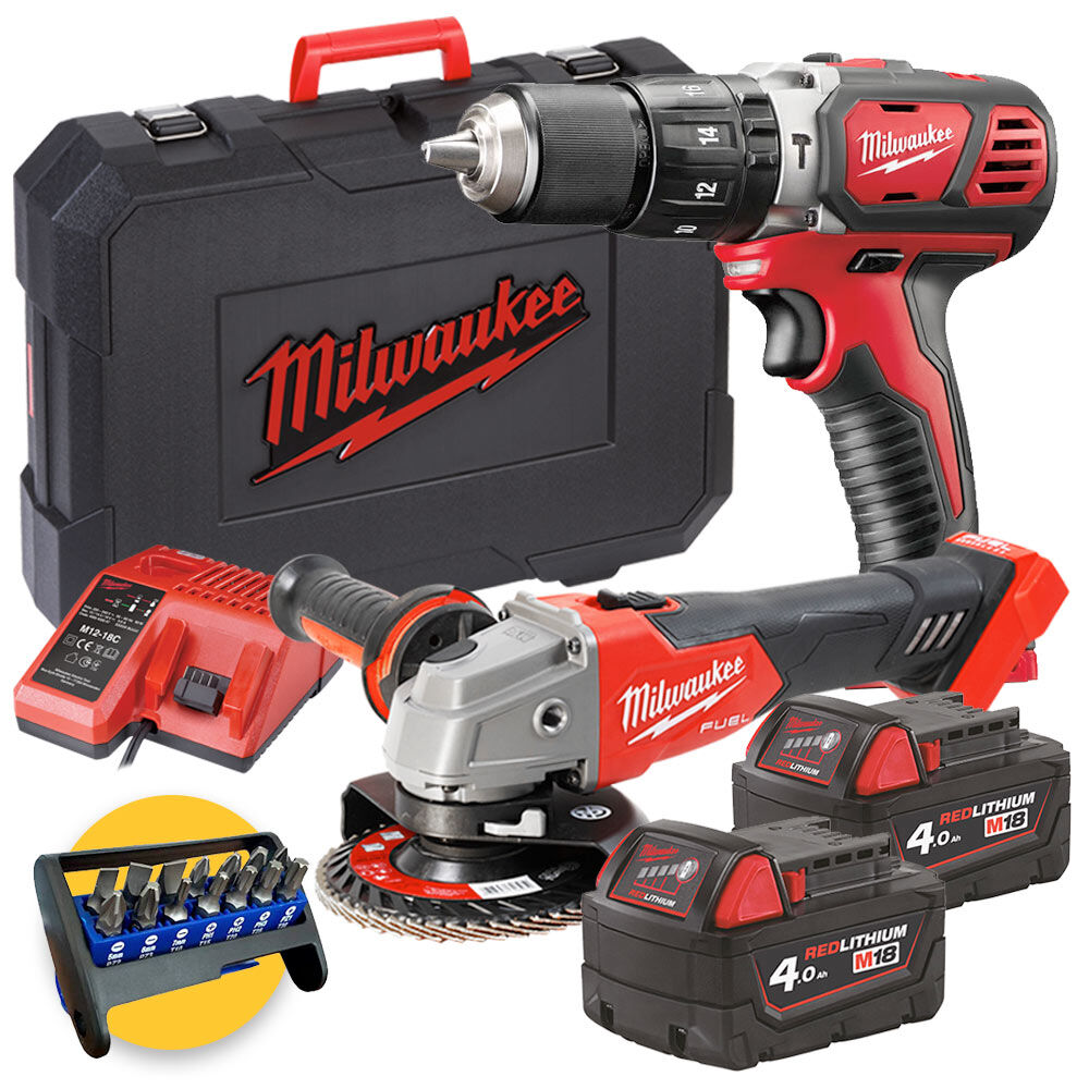 Milwaukee Kit utensili a batteria 18V - Trapano M18 BPD-402C + Smerigliatrice FSAG125X,  2 x 4Ah