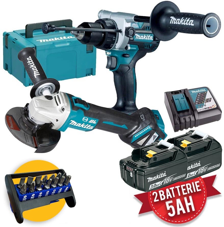 Makita DLX2435TJ - Kit utensili a batteria 18V - Trapano DHP486, Smerigliatrice DGA513, 2 X 5Ah