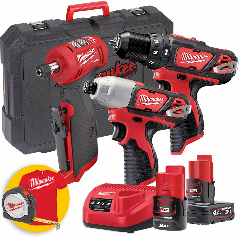 Milwaukee Kit utensili a batteria M12 - BPD Trapano avvitatore + BID Avvitatore ad impulsi + FDGA mini smerigliatrice angolare