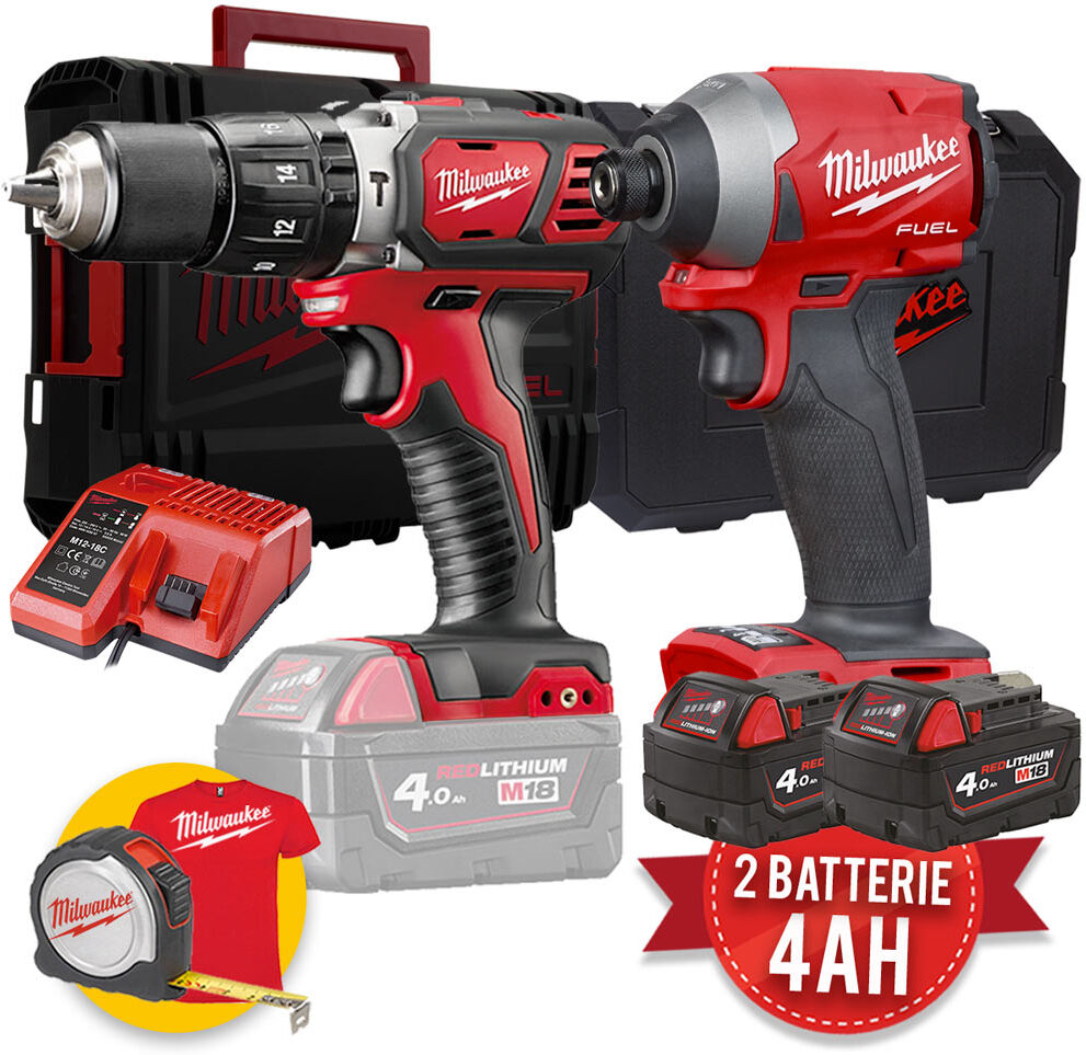 Milwaukee kit utensili a batteria 18V - M18 FID2 Avvitatore ad impulsi Fuel da 1/4" - M18 BPD Trapano con percussione - 2 x 4Ah