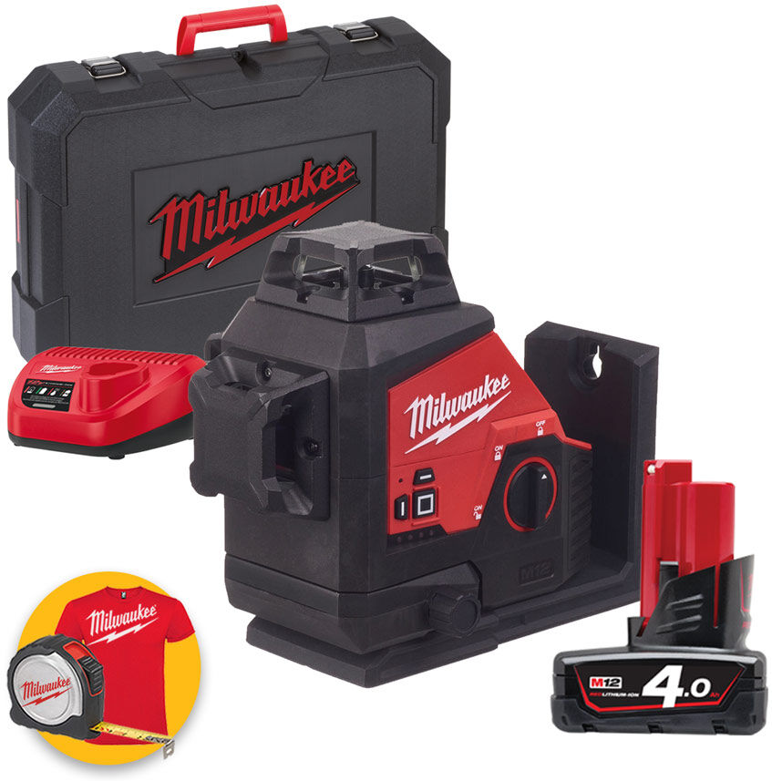 Milwaukee M12 3PL-401C - Livella laser verde a batteria 4Ah a 3 linee 360°