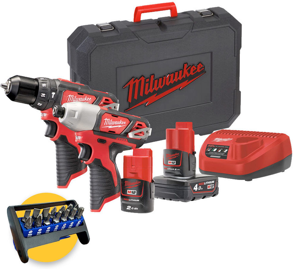 Milwaukee M12 BPP2B-421C - Kit 12V Trapano avvitatore a percussione e avvitatore ad impulsi