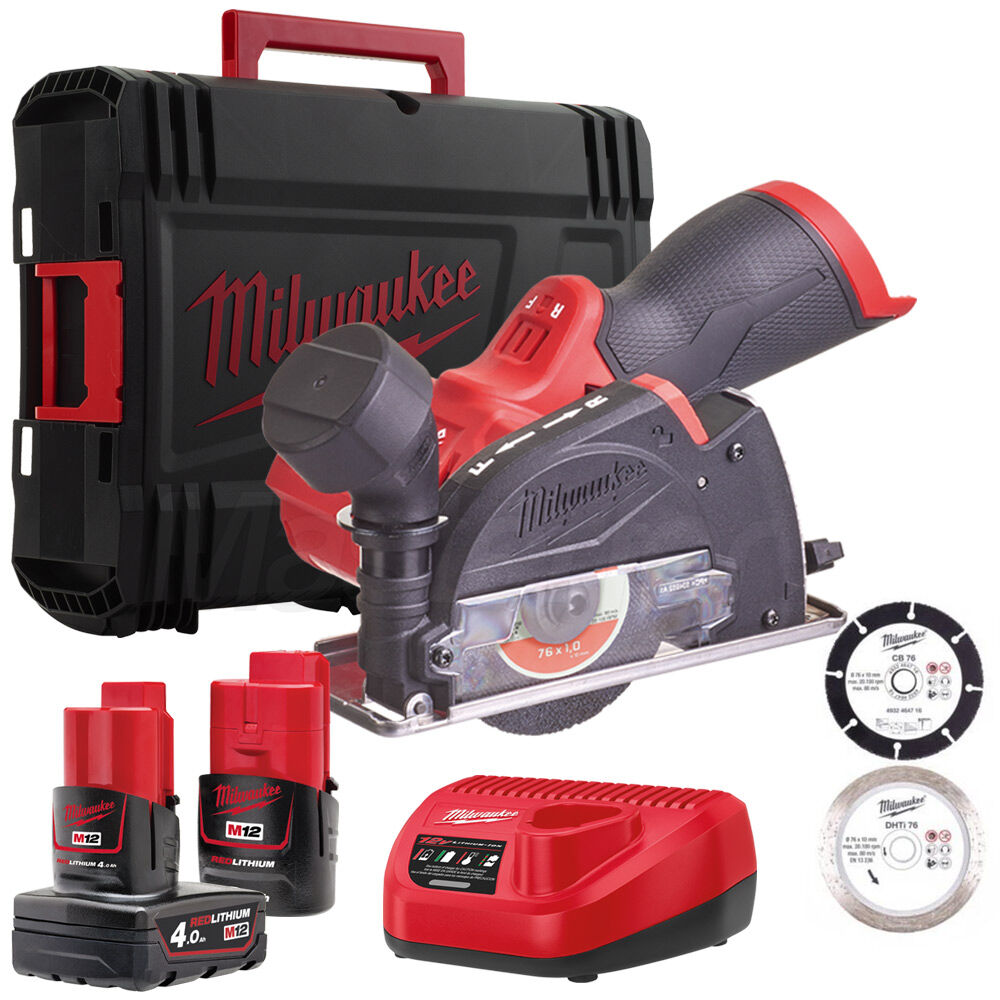 Milwaukee M12 FCOT-422X, mini smerigliatrice a batteria, batterie 1 x 2.0Ah e 1 x 4.0Ah 12V, con dischi da taglio