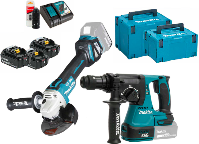 Makita DLX2256TJ1 - Kit utensili a batteria 18V, Tassellatore DHR243  + Smerigliatrice angolare DGA513, 3x5.0Ah