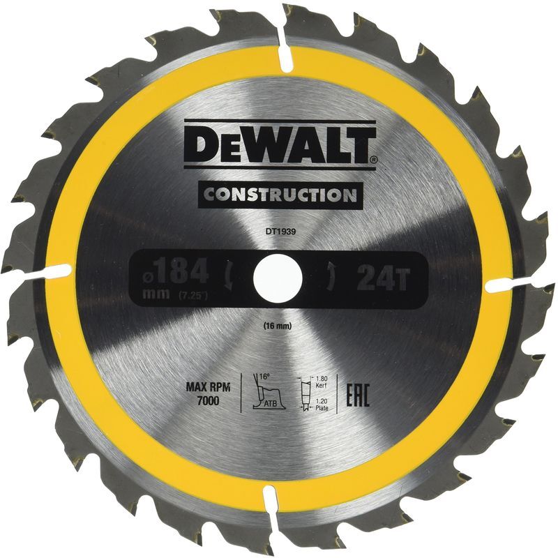 DeWalt Dt1939-Qz Lama Circolare Per Seghe Portatili Edilizia, 184 x 16 Mm, 24 Denti -