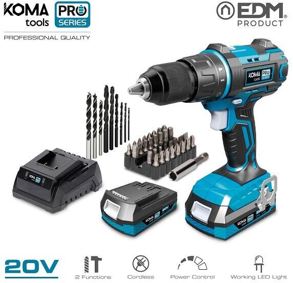 OROBICA STORE Koma Tools - 08750 kit trapano avvitatore 20V con 2 batterie da 2,0 Ah e caricabatterie pro series batteria edm