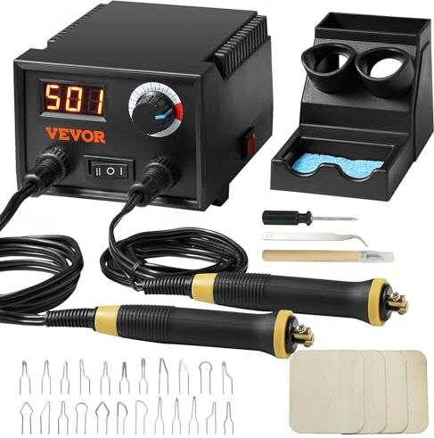 VEVOR Kit Pirografia per Legno Temperatura Regolabile 200~700°C con Display Bruciatore per Legno con Penna per Pirografia, Set di Strumenti Pirografo per Legno con Penna 2 Saldatori 2 Porte 23 Punte