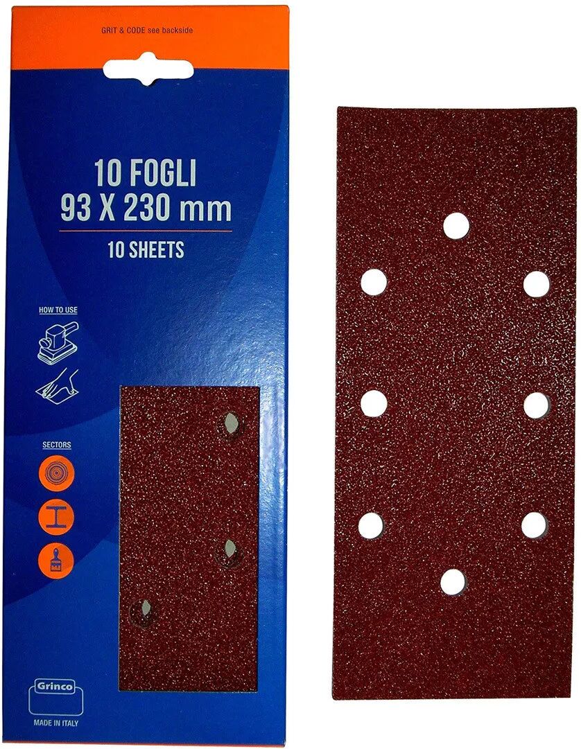 10 Fogli Abrasivi 93x230 Mm Grana 80 8 Fori Non Allineati