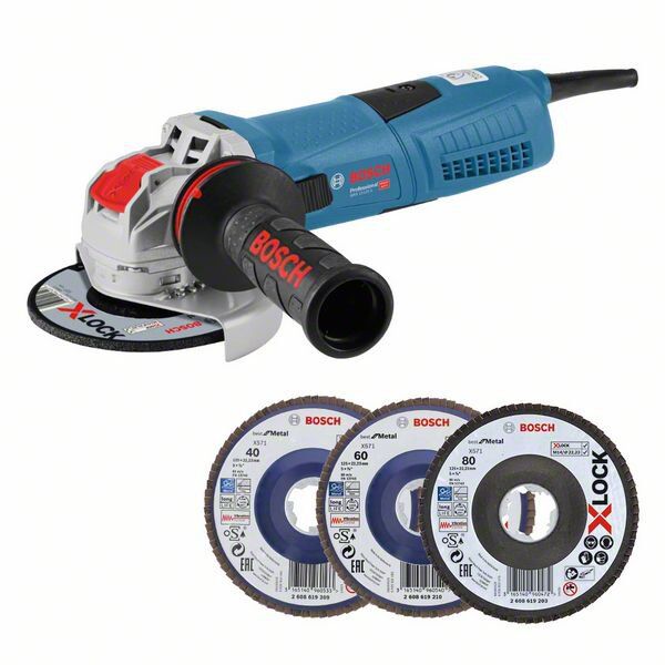 Bosch Blauw X-LOCK GWX 13-125 S Haakse Slijper 125mm 1300W + 3 X-LOCK lamellenslijpschijven in koffer  0615990L0U