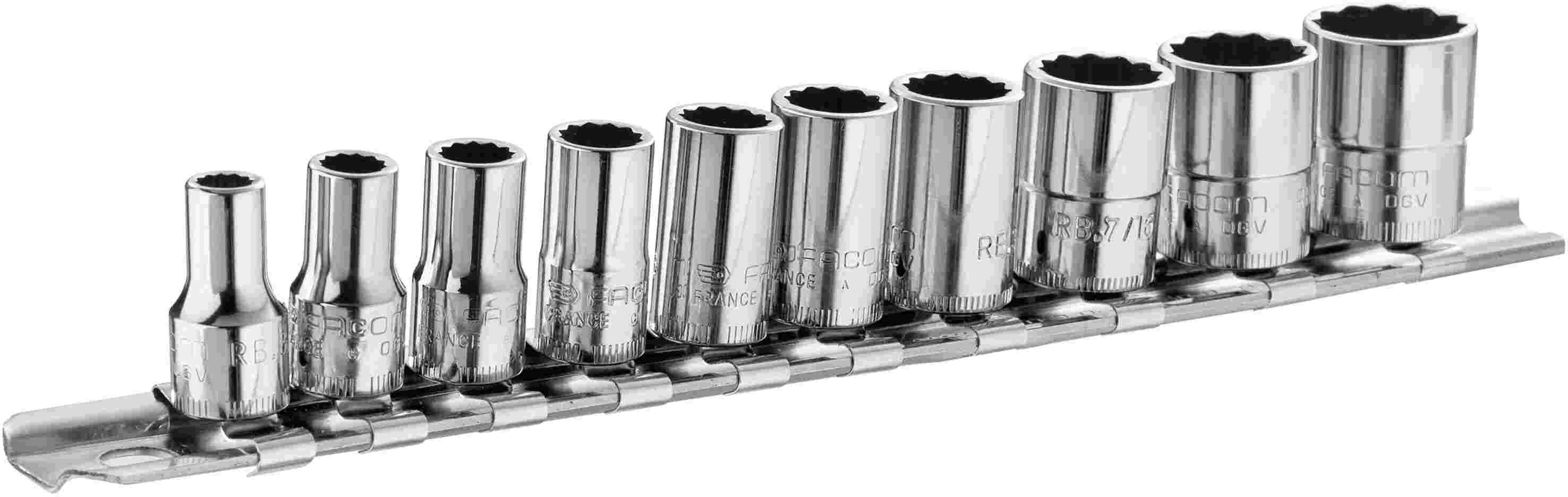 Facom RB.40AU Set 10 12-kant doppen 1/4" in inches, op rek