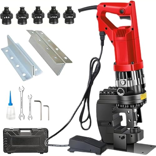 LSBHPPD Metalen perforator Snel ponsen, hydraulische perforator Elektrische 220 V ponsmachine Metalen perforator 1800 W met 5 matrijzen voor 4-6 mm staal ijzer koper aluminium plat,Anglesteel