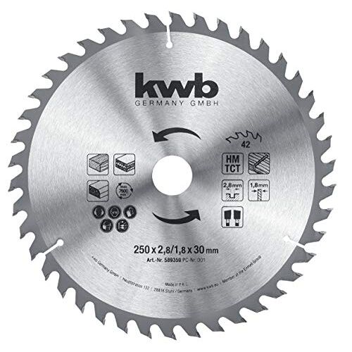 kwb Bouw cirkelzaagblad 250 x 30 zaagblad voor tafelcirkelzagen, wisseltand voor gemiddelde sneden, Z-42 tanden, 250 x 30 mm