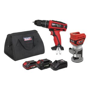 Sealey 2 x 20V SV20 Series Cordless Router & Combi Drill Kit - 2 Batteries - CP20VCOMBO12