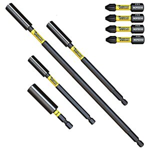 8 Piece SabreCut SCRK10 Magnetic 60mm 100mm, 152mm and 305mm Professional Impact Bit Holders with 4 x 32mm PZ2 Screwdriver Impact Bits Compatible with Dewalt, Milwaukee, Makita, Bosch and Others