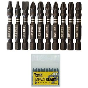 10 x SabreCut SCPC50_10 50mm PZ2 PZ3 PH2 PH3 SL7 T15 T20 Impact Screwdriver Driver Bits Set Single Ended Pozidriv POZI Phillips No.2 No.3 Slotted No.7 Torx 15 12 Heavy Duty Including Storage Box