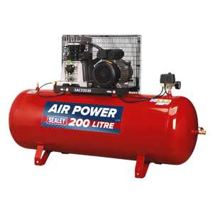 Sealey Air Compressor 200L Belt Drive, 3hp Cast Cylinders