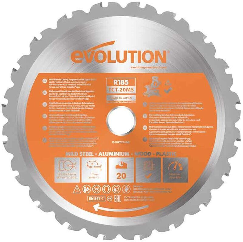 EVOLUTION POWER TOOLS Evolution 185mm Multi-Material Cutting 20 Tooth Tungsten Carbide Tipped Mitre Saw Blade