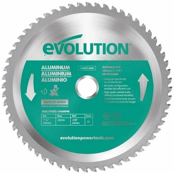 EVOLUTION POWER TOOLS Evolution 185mm Aluminium Cutting 60 Tooth Tungsten Carbide Tipped Saw Blade