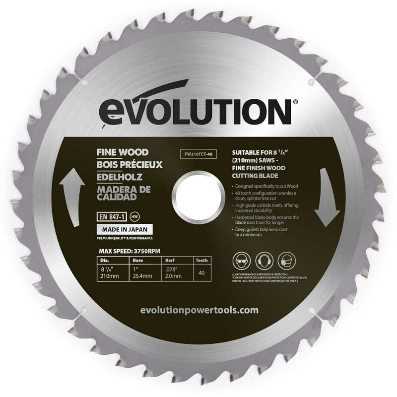 EVOLUTION POWER TOOLS Evolution 210mm Fine Wood Cutting 40 Tooth Tungsten Carbide Tipped Blade