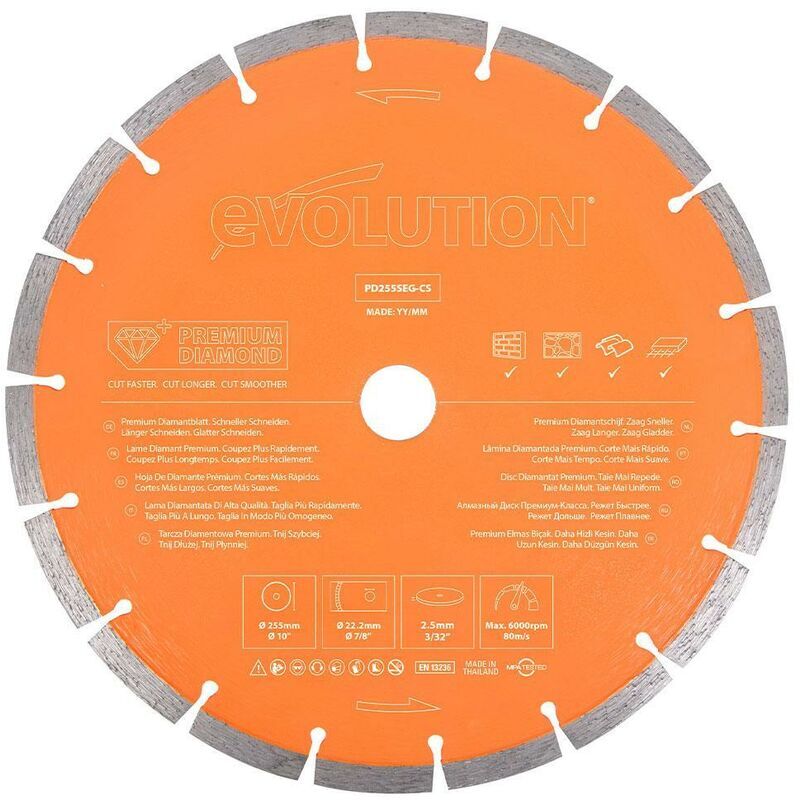 EVOLUTION POWER TOOLS Evolution 255mm Premium Diamond Disc Cutter Blade With High Diamond Concentration, Segmented Edge and 22.2mm Bore