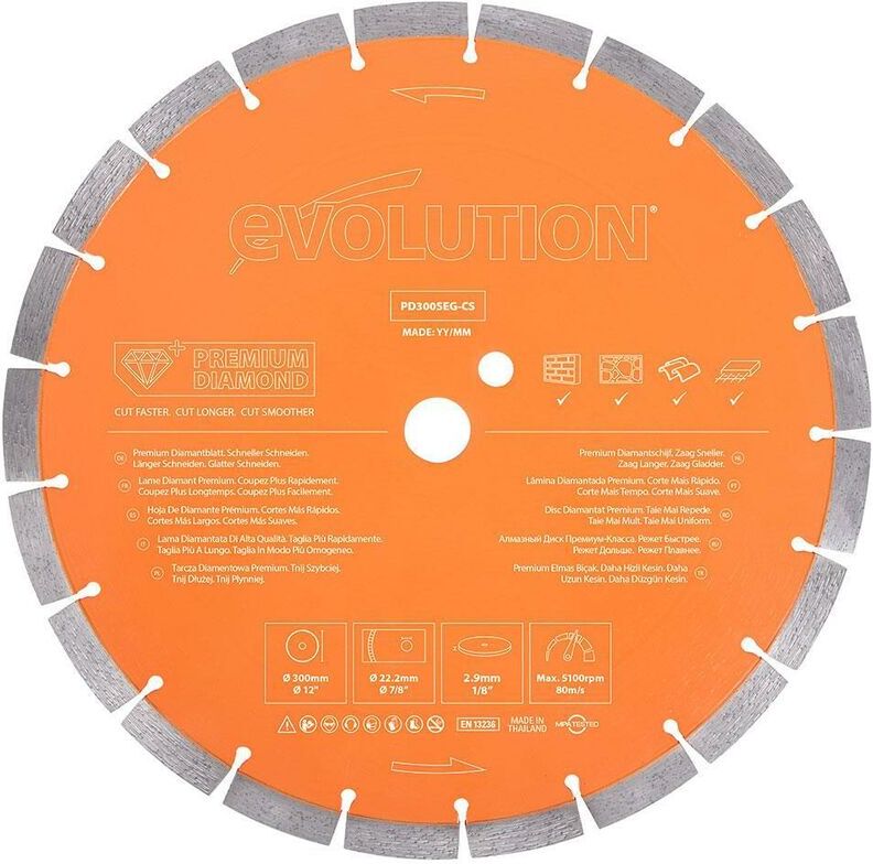 Evolution Power Tools - Evolution 300mm Premium Diamond Disc Cutter Blade With High Diamond Concentration, Segmented Edge and 22.2mm Bore