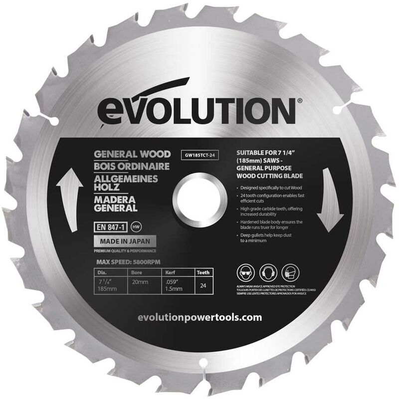 EVOLUTION POWER TOOLS Evolution 185mm Wood Cutting 24 Tooth Tungsten Carbide Tipped Blade