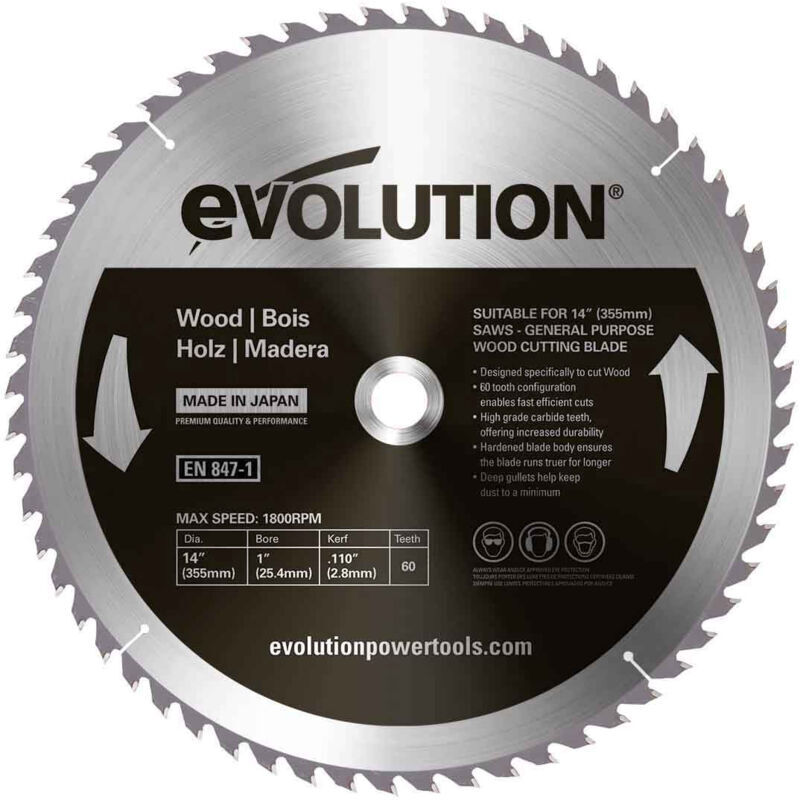 EVOLUTION POWER TOOLS Evolution 355mm Wood Cutting 60 Tooth Tungsten Carbide Tipped Blade