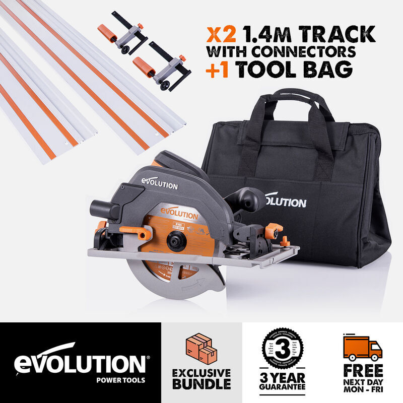 Evolution Power Tools - Evolution Bundle - R185CCSX+ Track Compatible Circular Saw with 2.8m Track and Clamps