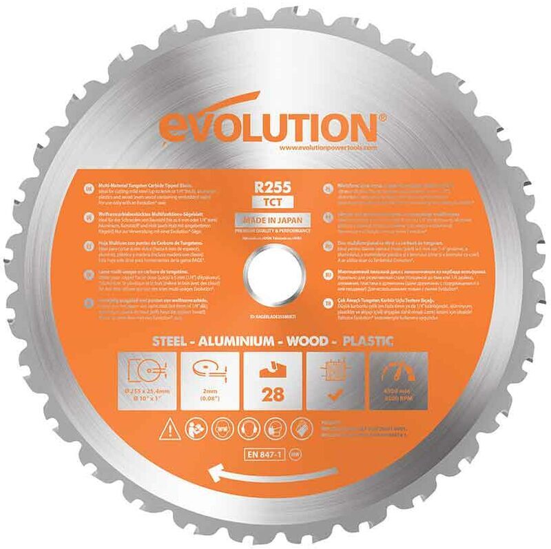 EVOLUTION POWER TOOLS Evolution 255mm Multi-Material Cutting 28 Tooth Tungsten Carbide Tipped Saw Blade