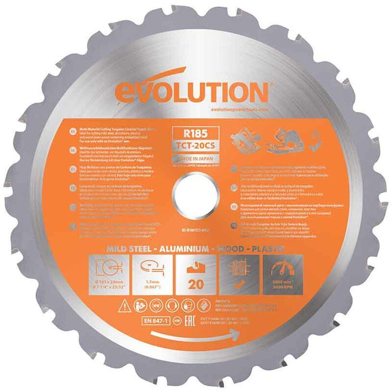 EVOLUTION POWER TOOLS Evolution 185mm Multi-Material Cutting 20 Tooth Tungsten Carbide Tipped Circular Saw Blade