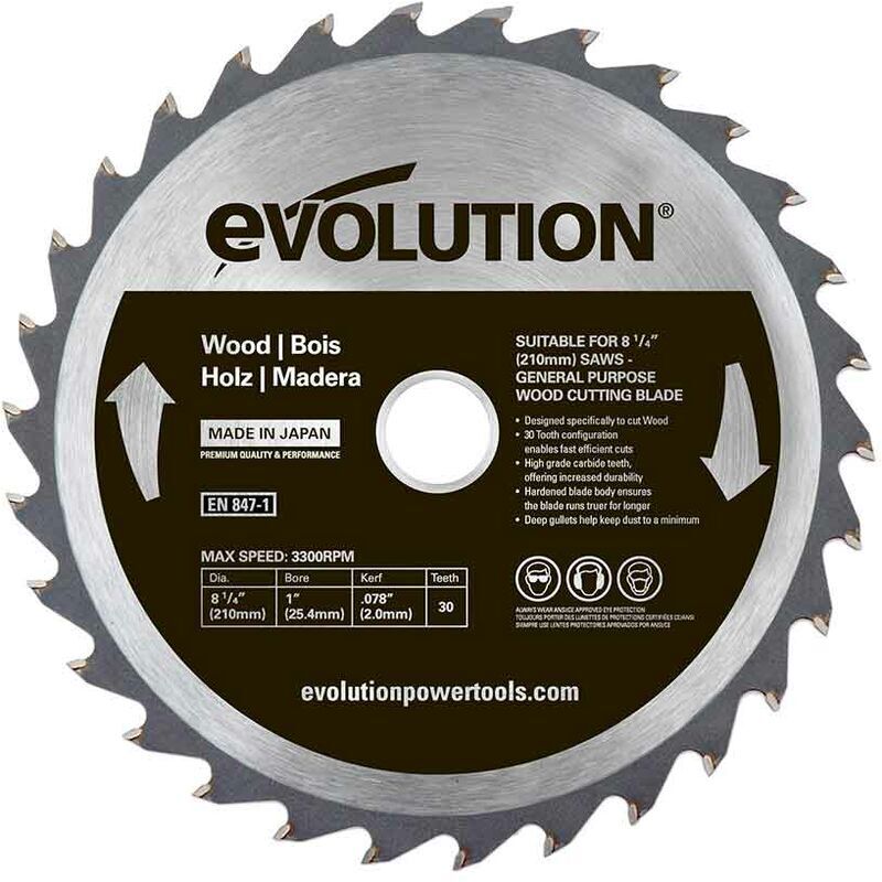 EVOLUTION POWER TOOLS Evolution 210mm Wood Cutting 30 Tooth Tungsten Carbide Tipped Blade