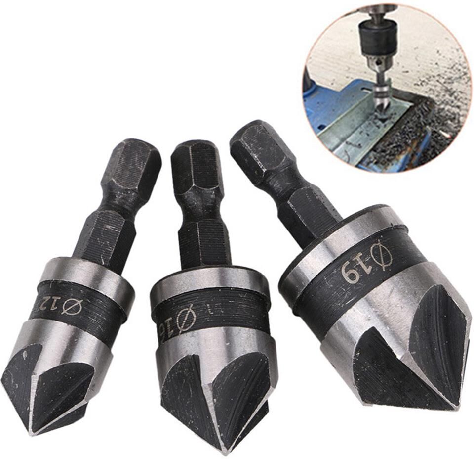 Power Tool 90 Degree Steel 3Pcs Carbon Hexagonal Shank Chamfer Wood Work Hole Drill Bit