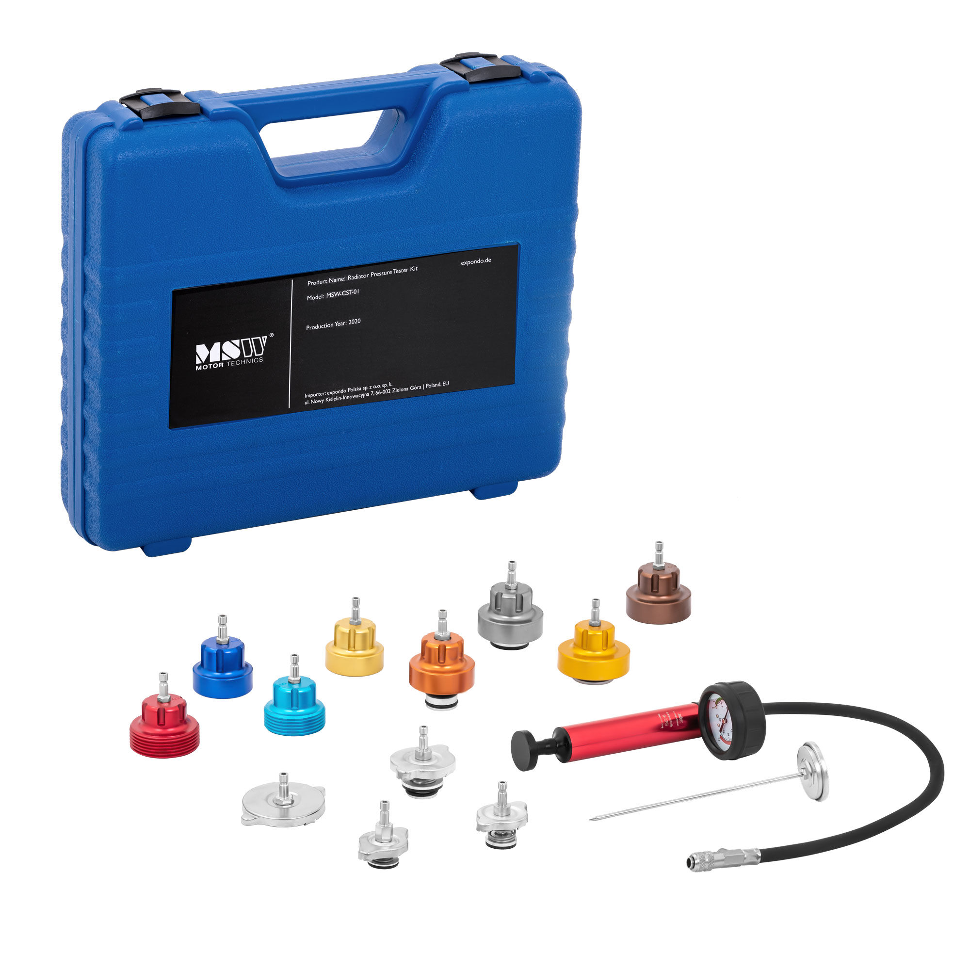 MSW Radiator Pressure Test Kit - 14 pcs. - 0-2.5 bar MSW-CST-01