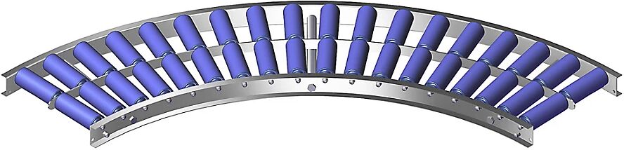 Gura Leicht-Rollenbahn, Aluminiumrahmen mit Kunststoffrollen Bahnbreite 300 mm, Kurve 90° Innenradius 800 mm, Achsabstand 100 mm