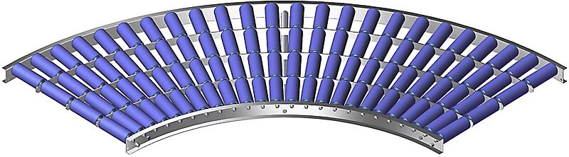 Gura Leicht-Rollenbahn, Aluminiumrahmen mit Kunststoffrollen Bahnbreite 600 mm, Kurve 90° Innenradius 800 mm, Achsabstand 75 mm