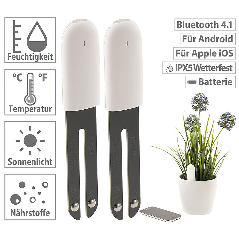 Royal Gardineer 2er-Set 4in1-Pflanzensensoren mit Bluetooth und App-Kontrolle