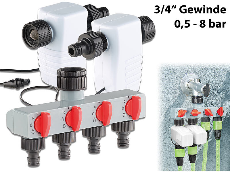 Royal Gardineer Elektronisch gesteuertes Magnet-Ventil im 2er-Set mit 4-Wege-Verteiler